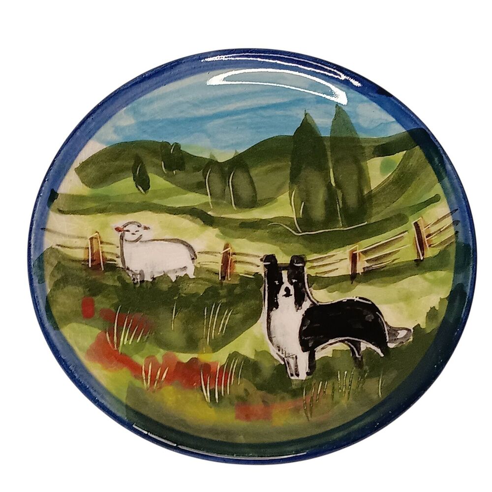 Collie & Sheep Pottery Trinket Catchall Dish By A Louise Thompson New Zealand 6"